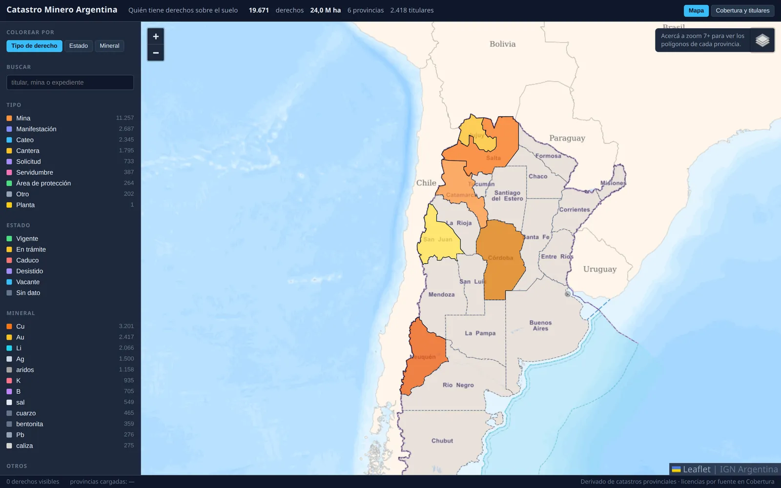 Screenshot: national map of mining tenements by province