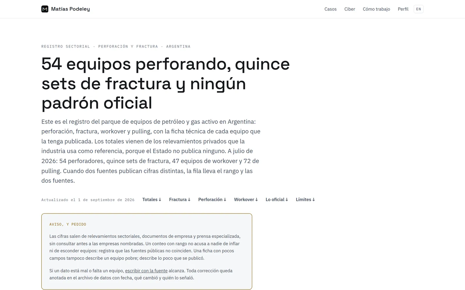 El registro del parque de equipos, con sus totales por segmento