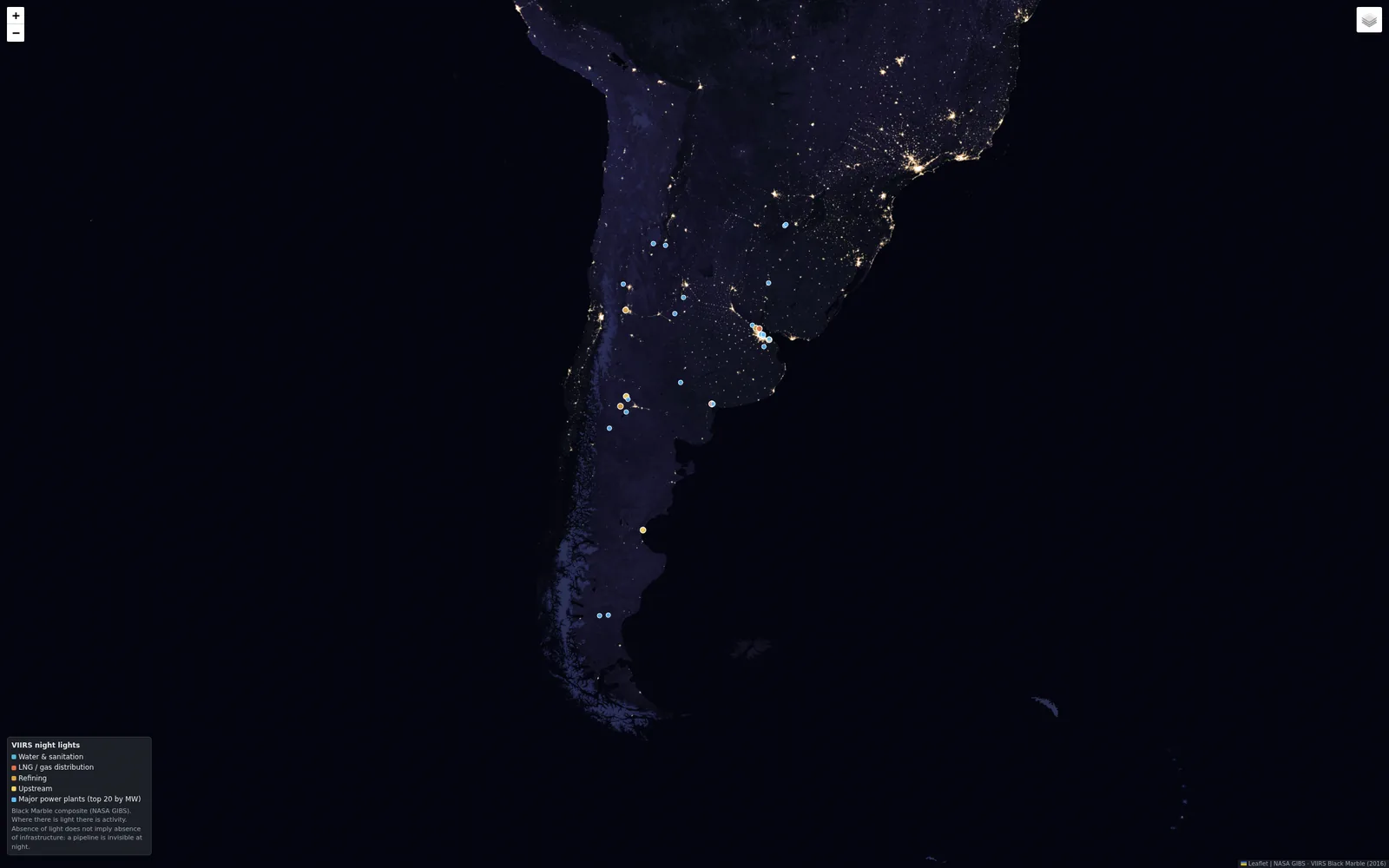 Argentina at night in the VIIRS composite, with energy facilities overlaid