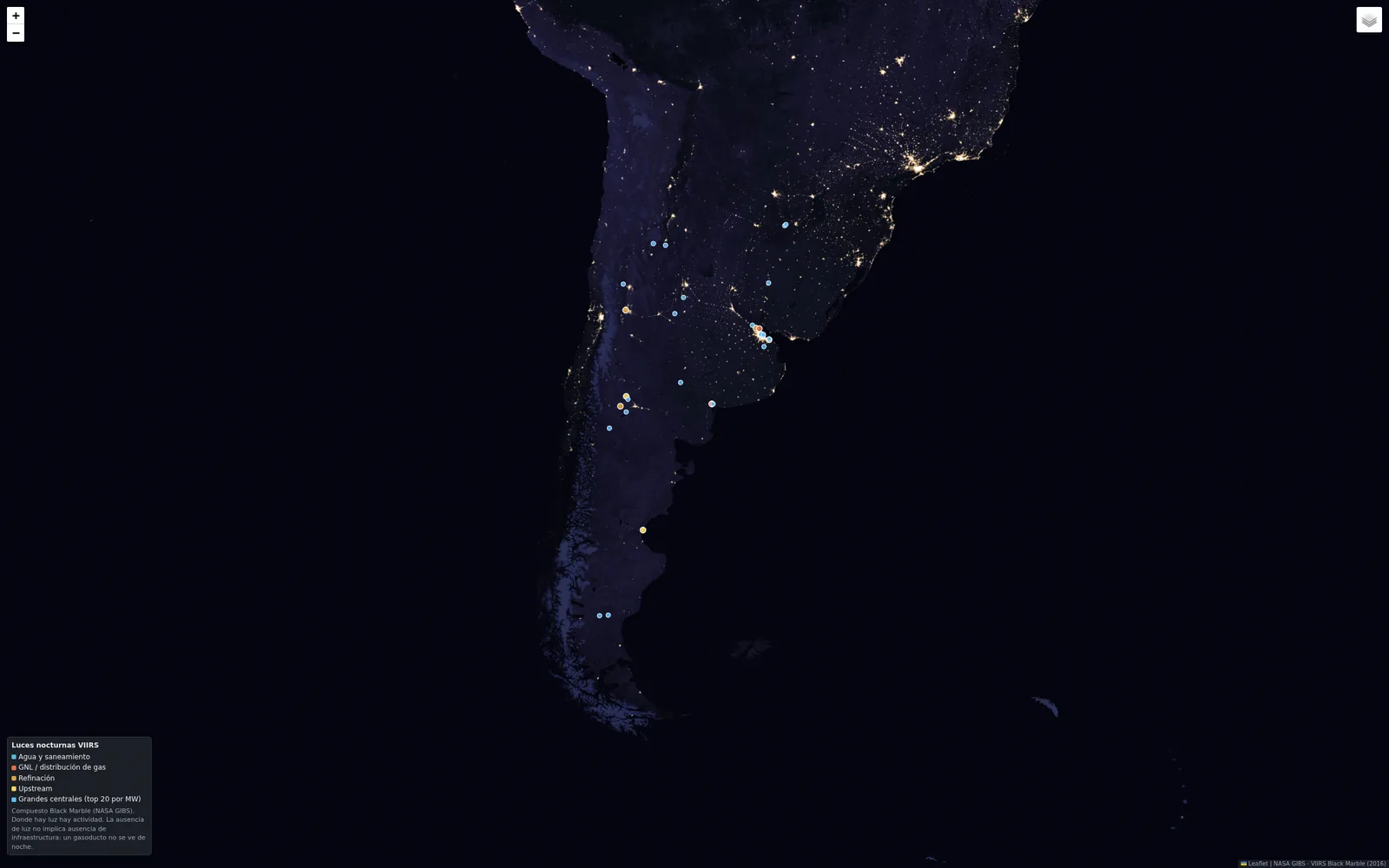 Argentina de noche en el compuesto VIIRS, con las instalaciones energéticas superpuestas